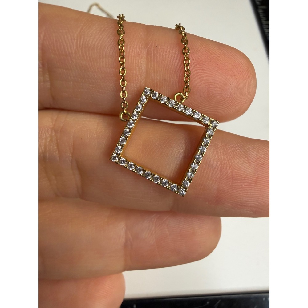 Gold Tone Open Square Rhinestone Pendant Necklace Geometric 18-20 Inch Chain